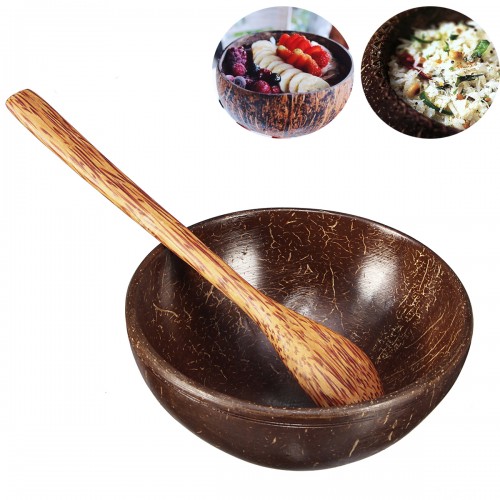 Natural Coconut Shell Bowl and Spoon Handmade Handcraft Carved Tableware Gift Rice Bowl
