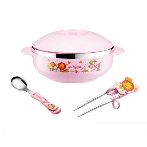 Set Of Child Using Cutlery Including Stainless Steel Thermal Insulated Cartoon Style Bowl With Cover And Handles, Chopstics, Spoon And Fork (Pink)