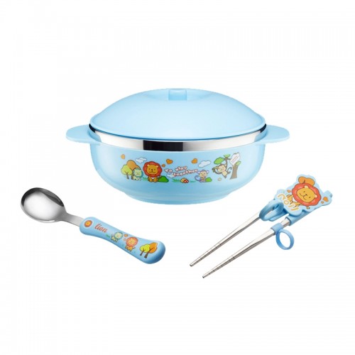 Set Of Child Using Cutlery Including Stainless Steel Thermal Insulated Cartoon Style Bowl With Cover And Handles, Chopstics, Spoon And Fork (Blue)