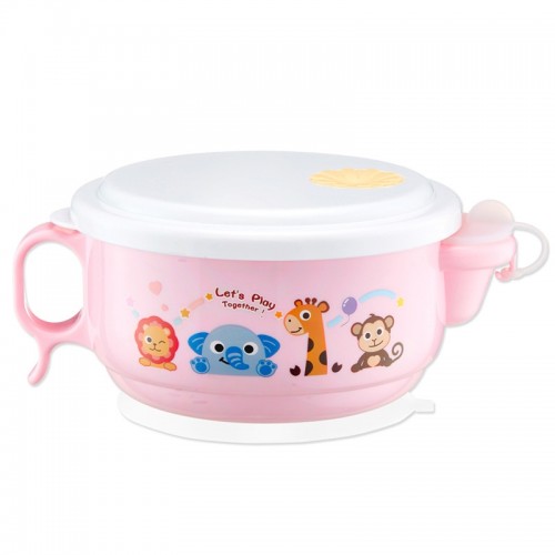 450ml Stainless Steel Interior And Plastic Exterior Double Layer Cartoon Style Bowl With Cover And Handles For Child At Age 2 To 9 (Pink)