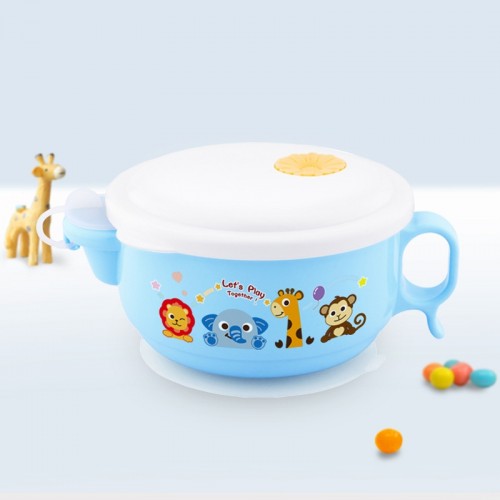 450ml Stainless Steel Interior And Plastic Exterior Double Layer Cartoon Style Bowl With Cover And Handles For Child At Age 2 To 9 (Blue)