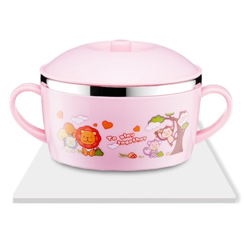225ml Stainless Steel Thermal Insulated Cartoon Style Bowl With Cover And Handles For Child (Pink)