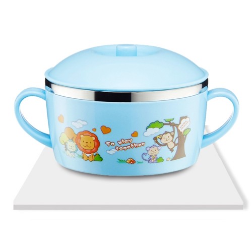 225ml Stainless Steel Thermal Insulated Cartoon Style Bowl With Cover And Handles For Child (Blue)