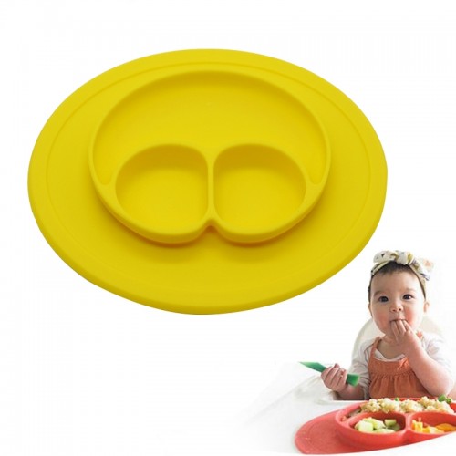 Smile Style One-piece Round Silicone Suction Placemat for Children, Built-in Plate and Bowl (Yellow)