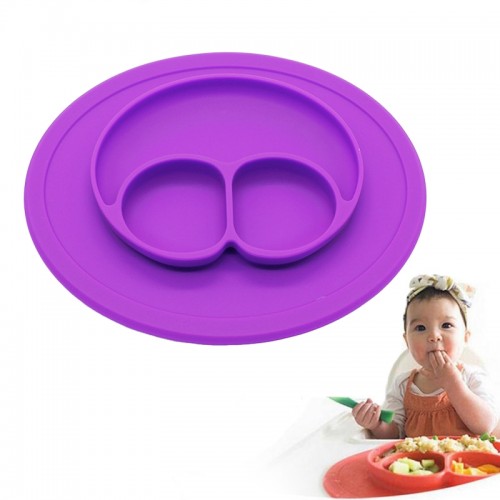 Smile Style One-piece Round Silicone Suction Placemat for Children, Built-in Plate and Bowl (Purple)