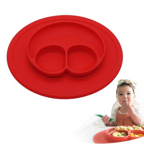 Smile Style One-piece Round Silicone Suction Placemat for Children, Built-in Plate and Bowl (Red)