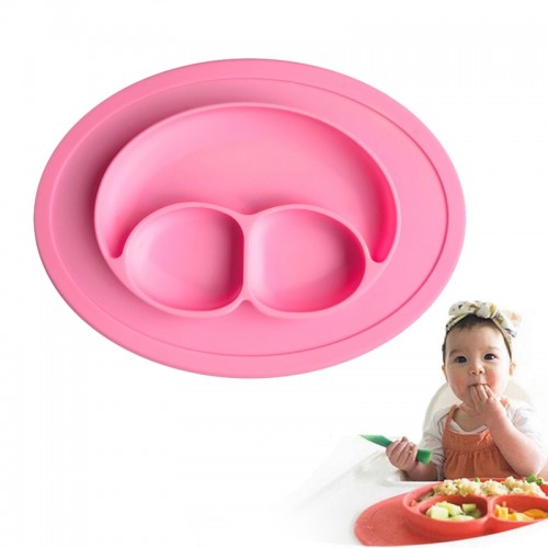 Smile Style One-piece Round Silicone Suction Placemat for Children, Built-in Plate and Bowl (Pink)