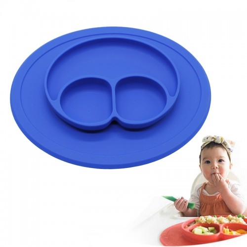 Smile Style One-piece Round Silicone Suction Placemat for Children, Built-in Plate and Bowl (Dark Blue)