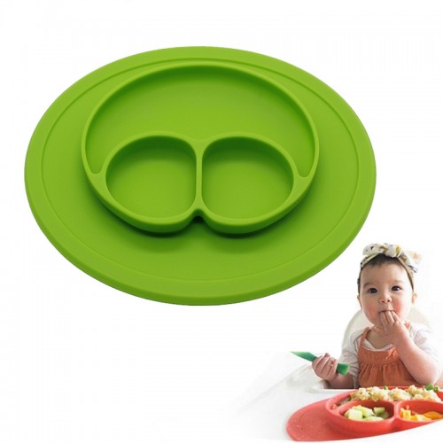 Smile Style One-piece Round Silicone Suction Placemat for Children, Built-in Plate and Bowl (Green)