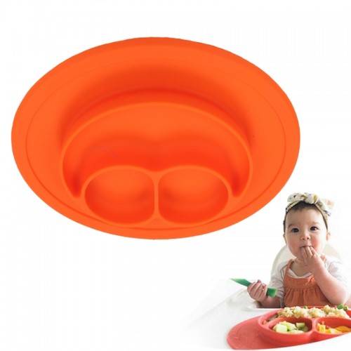 Smile Style One-piece Round Silicone Suction Placemat for Children, Built-in Plate and Bowl (Orange)